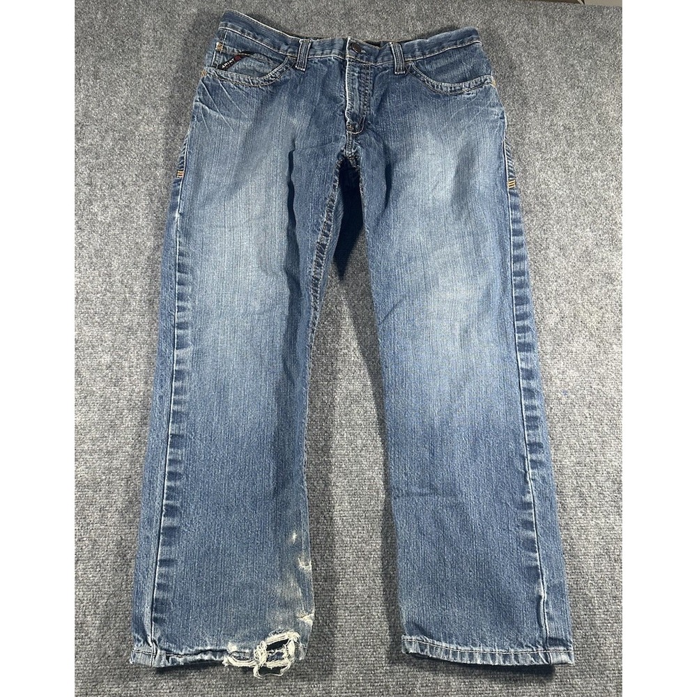 Ariat FR Jeans Mens 35x30 M4 Low Rise Boot Cut Blue Flame Resistant Distressed